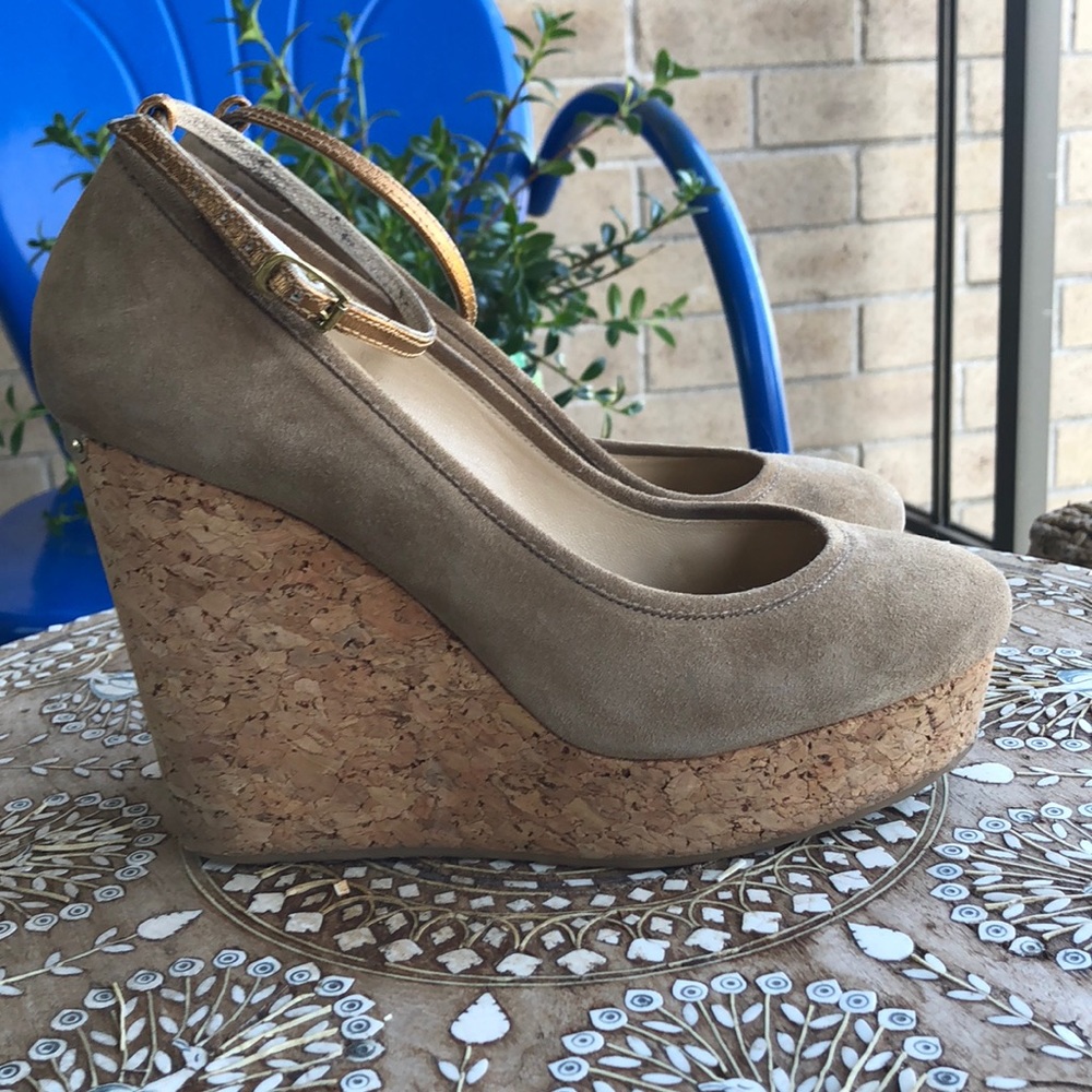 JIMMY CHOO Suede Cork Wedge Copper Ankle Straps 40